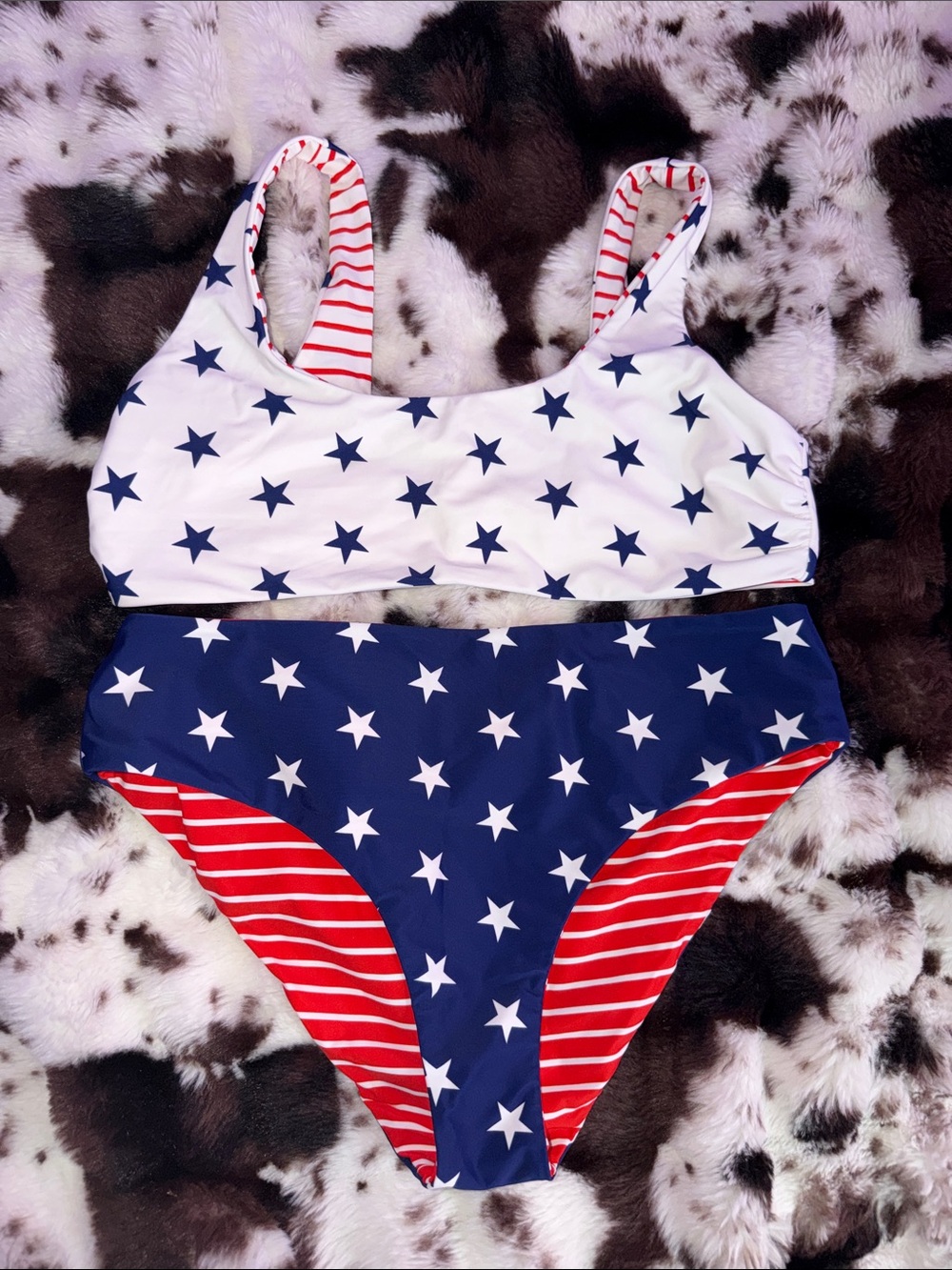 Cupshe Patriotic Star & Stripe Two-Piece Bikini – Navy, White & Red reversible